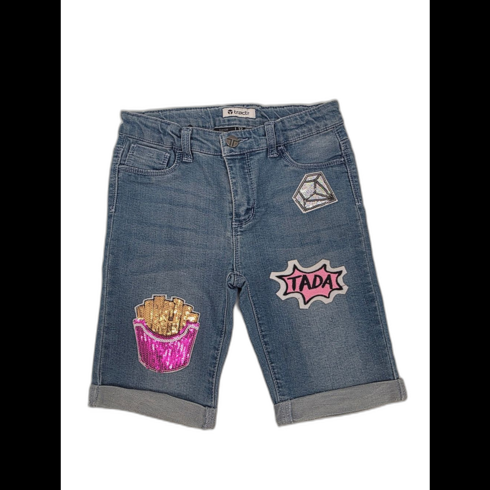 Tractr Girls' Blue Denim Patch-Embellished Shorts Size 12